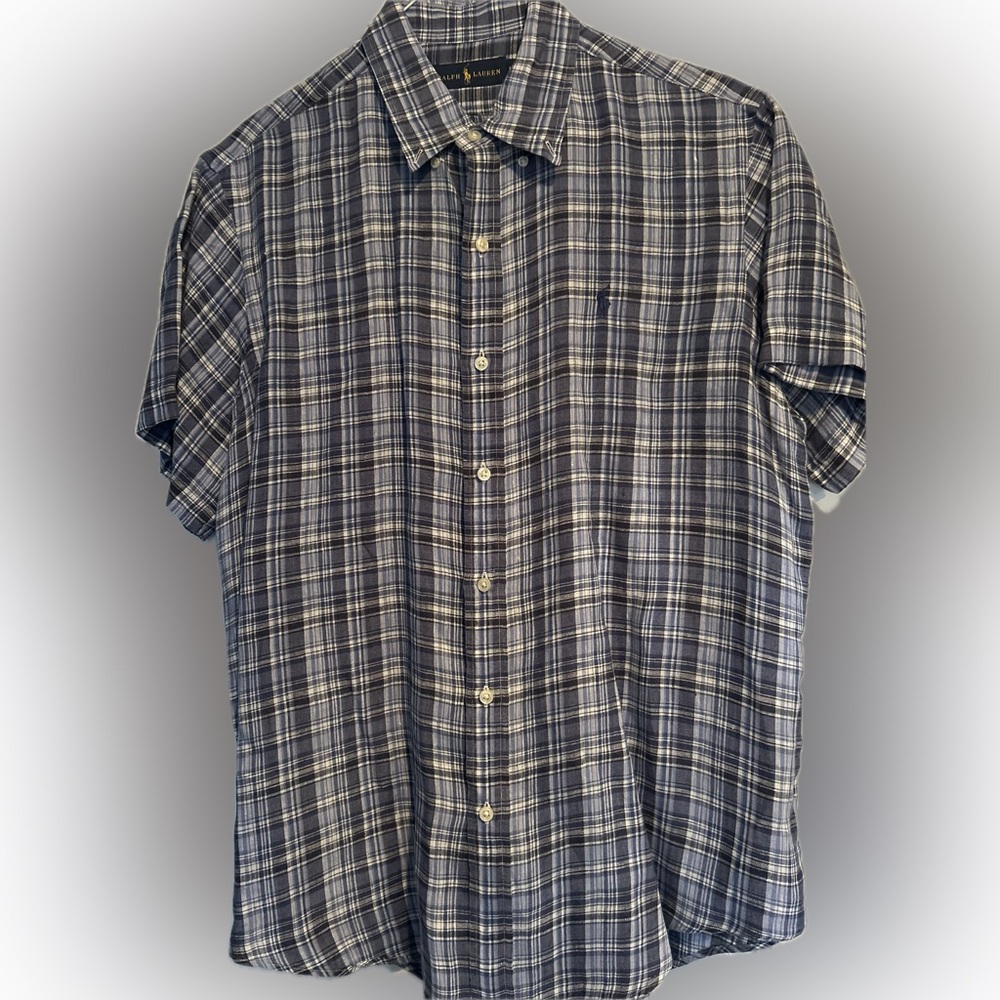 Ralph Lauren, 100% linen short sleeve plaid button-down men’s shirt